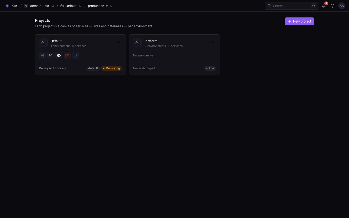 The Projects dashboard listing projects as cards, each with a preview of its services and the health of its production environment.