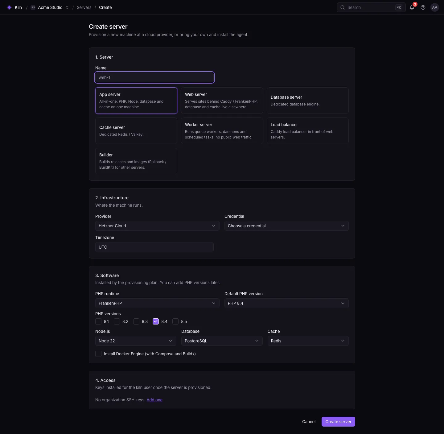 The Create server form with sections for server name and type, infrastructure provider, software (PHP runtime and versions, Node.js, database, cache, Docker) and SSH access.