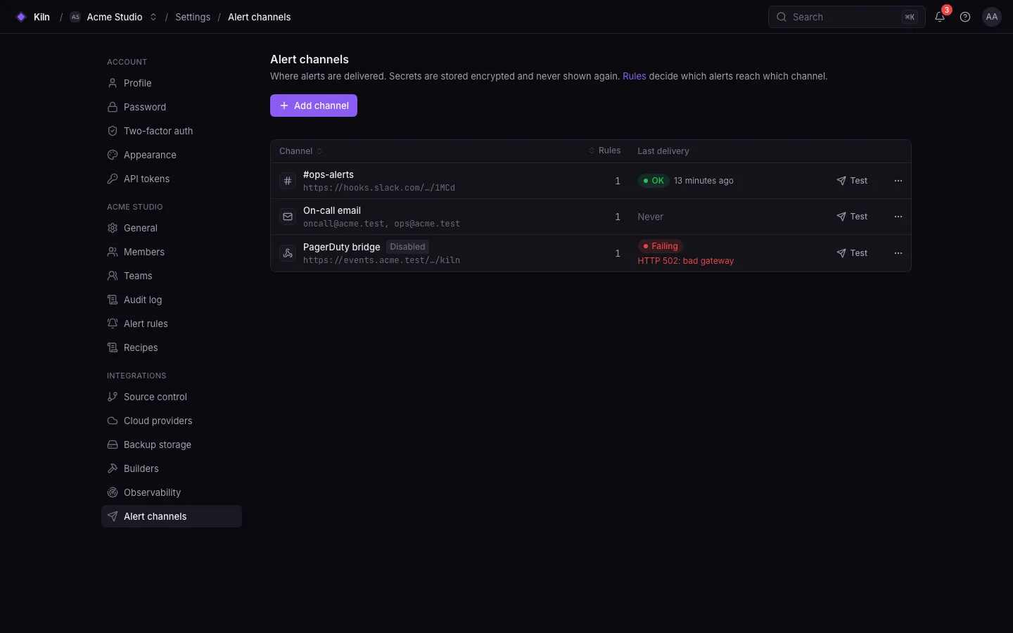 Settings → Alert channels: configured channels with their type and status.