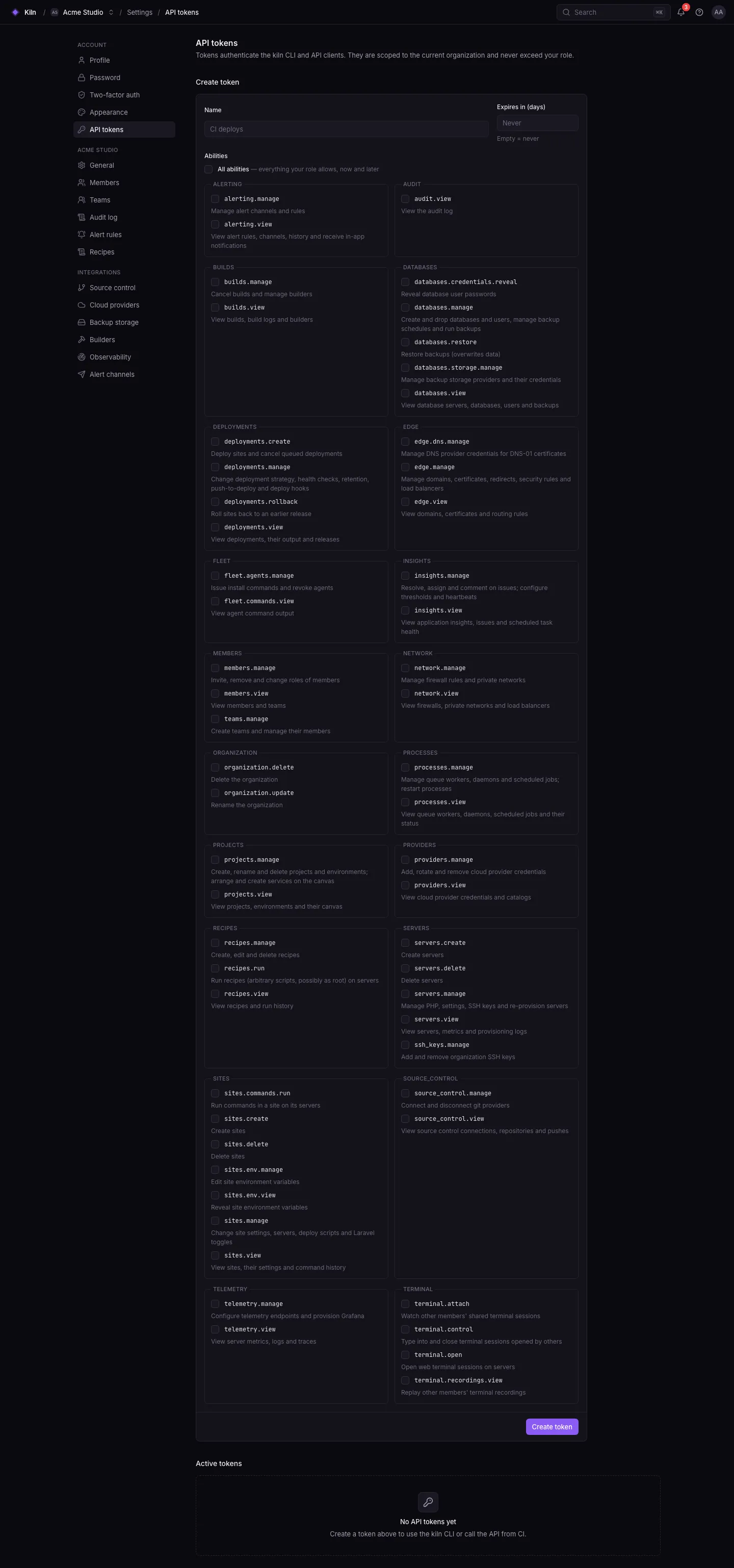 Settings → API tokens: a form with name, expiry and a checklist of abilities grouped by module, and the list of active tokens.