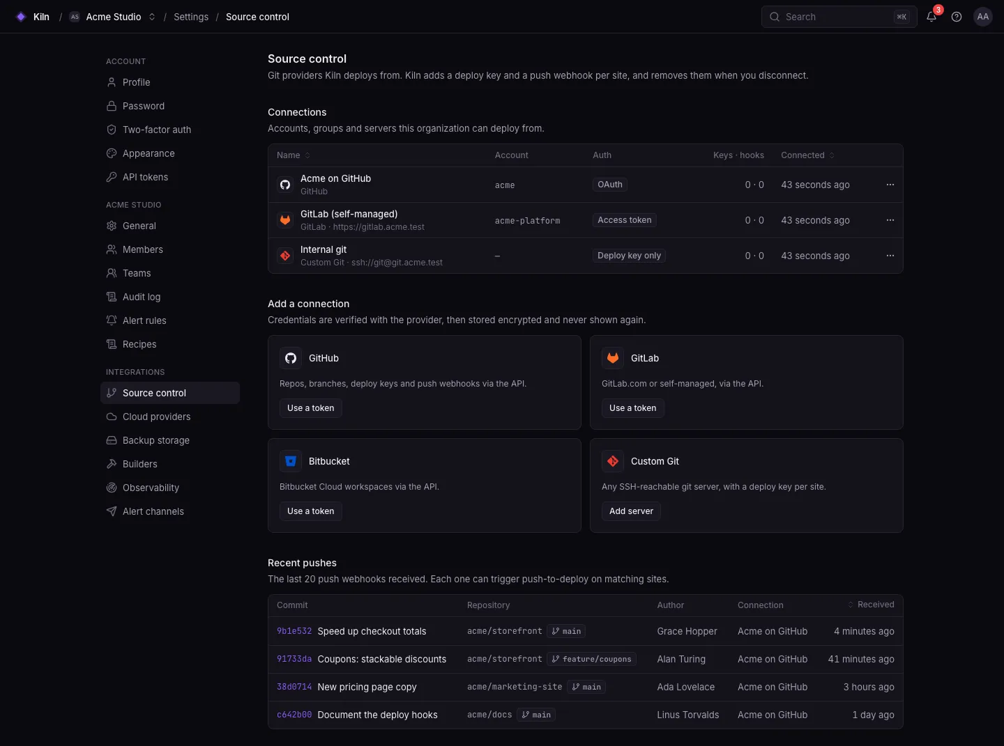 Settings → Source control: a table of connections (GitHub via OAuth, a self-managed GitLab via access token, an internal custom git server with deploy keys only), cards to add GitHub, GitLab, Bitbucket or Custom Git connections, and a list of recent push webhooks.