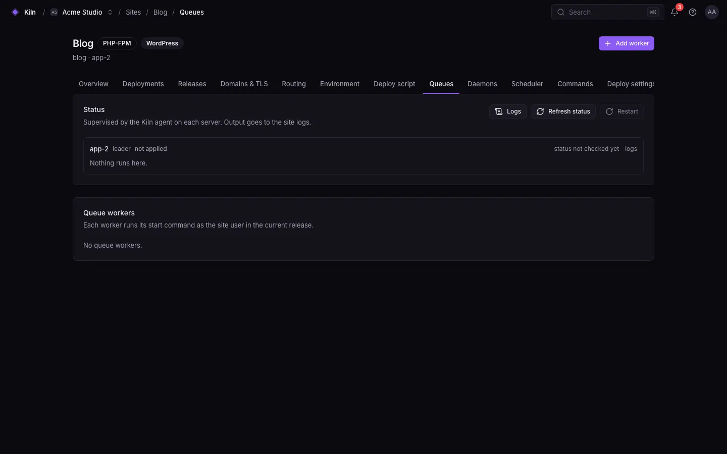 The site’s Queues page: a per-server status block (leader app-2, applied state, Logs, Refresh status and Restart actions) and the list of queue workers with an Add worker button.