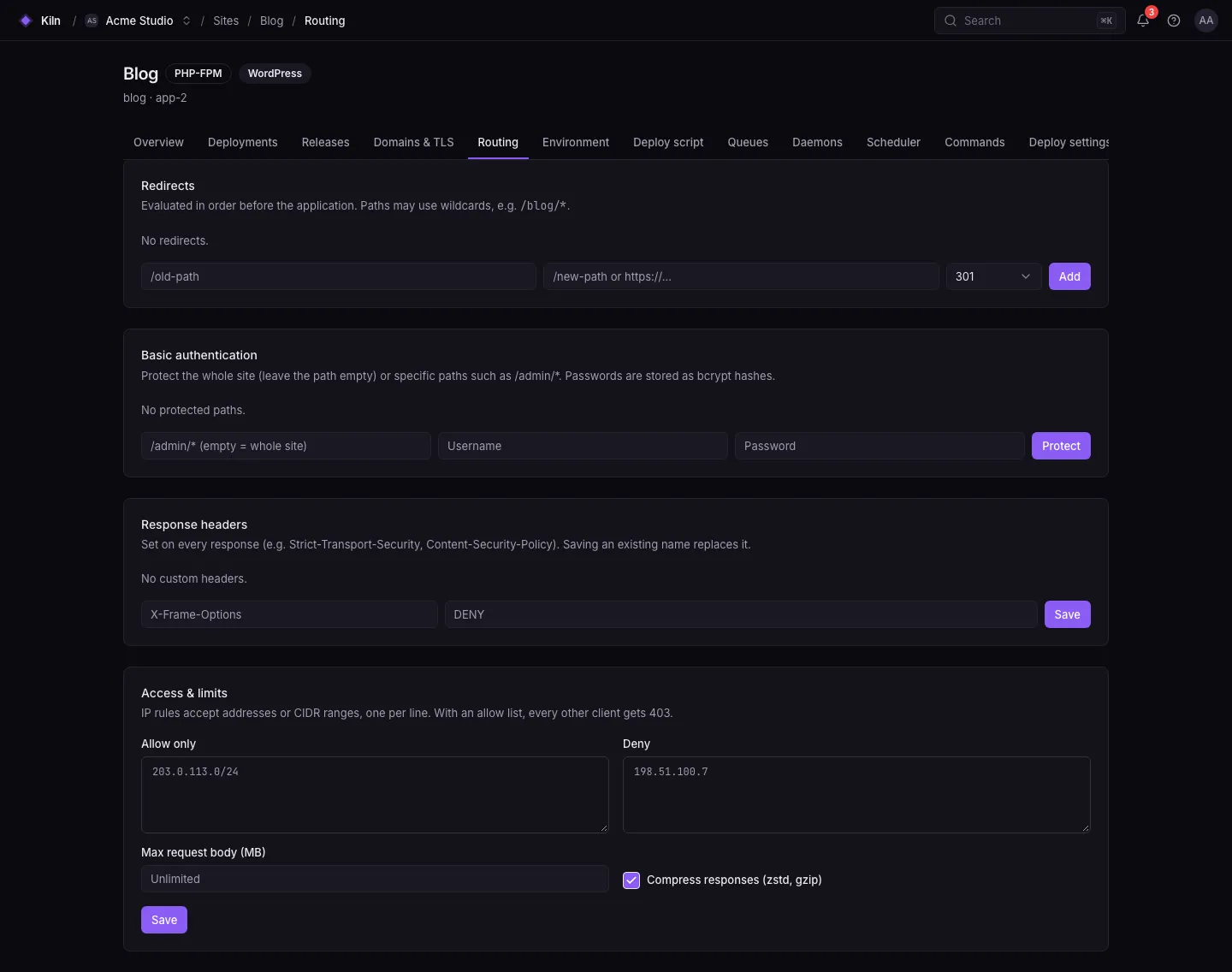 The Routing page of a site: redirects, basic auth, custom headers and security settings (IP allow and deny lists, request body limit, compression).